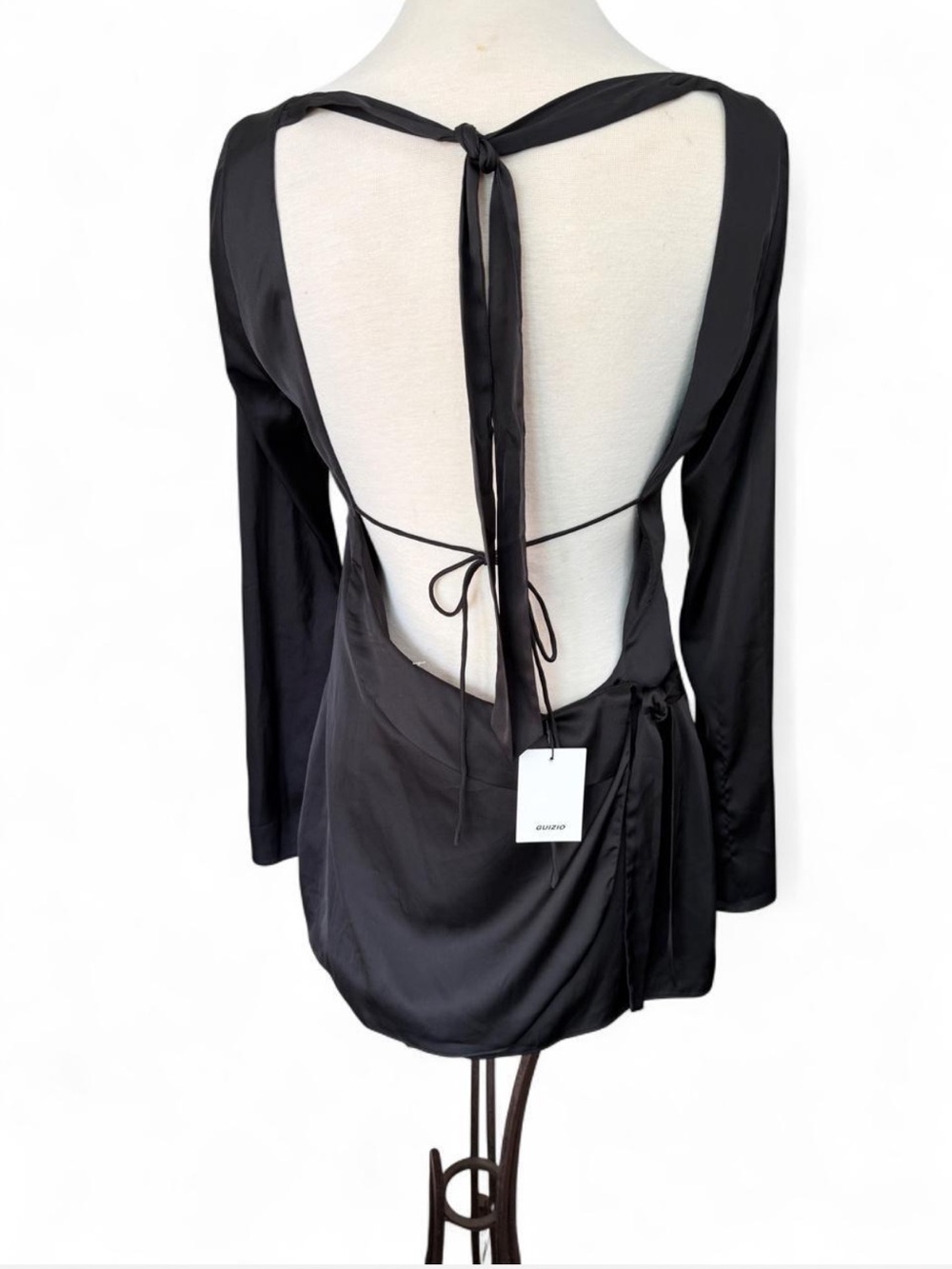 NWT Danielle Guizio NY Black Satin Open Back Long Sleeve Mini Dress M